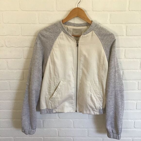 Beautiful Ann Taylor Loft zip jacket Medium silver grey fleece ecru white cotton - Picture 2 of 13